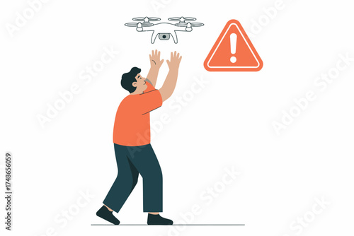 Man reaching for drone with warning symbol danger hazard safety unmanned aerial vehicle operation concept isolated on white background