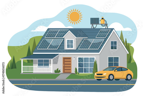 Modern eco-friendly home with solar panels and electric car sustainable living concept isolated on white background