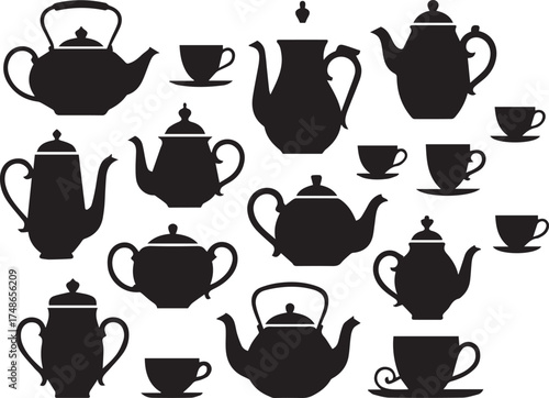 Tea time teapots and cups silhouettes