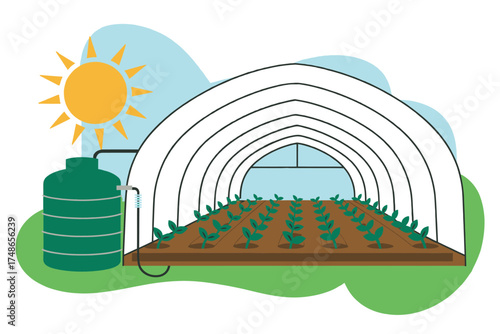 Greenhouse farming scene with water tank and sun illustration for agriculture and gardening projects isolated on white background