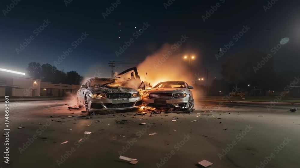 Two cars on fire after a crash at night, smoke and debris in the street ...