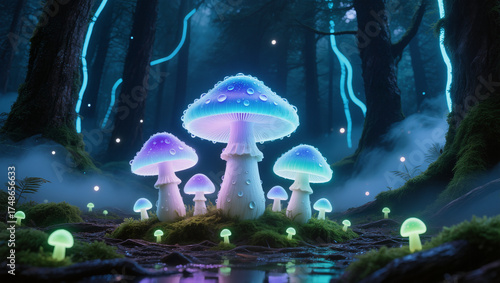 Surreal glowing mushrooms in enchanting night forest, illuminated fungi with vibrant colors and glowing caps create magical atmosphere.