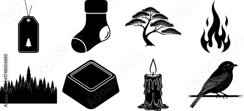 Vector art of assortment of black silhouette icons on a transparent background, featuring a tag, stocking, tree, flame, cityscape, chocolate, candle, and bird