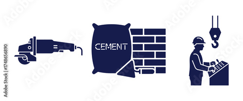 Construction industry icons including grinder cement bag bricks trowel worker and crane Keywords: construction industry icons