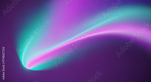 Abstract glowing neon light streak in vibrant pink and turquoise against a dark purple background, evoking a sense of cosmic energy and motion