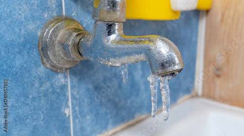 Frozen faucet with icicles, a wintry whisper of Jack Frost's touch; Global Handwashing Day, unexpected icy encounter