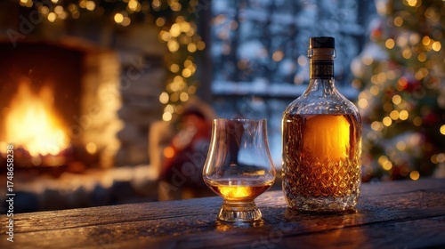 Cozy Winter Evening with Whiskey: A bottle and a glass of fine whiskey sit invitingly on a rustic wooden surface, beside a warm fireplace, creating a scene of relaxation and indulgence.