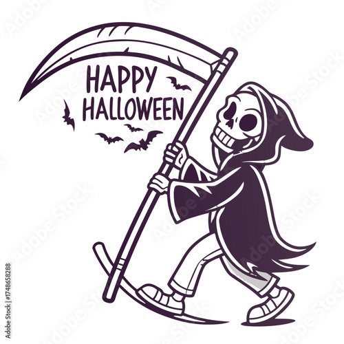 Skeleton Death Character in Black Hooded Cloak and Scythe Walking – Scary Halloween Mascot Vector Icon for Print, Decoration, and Apparel