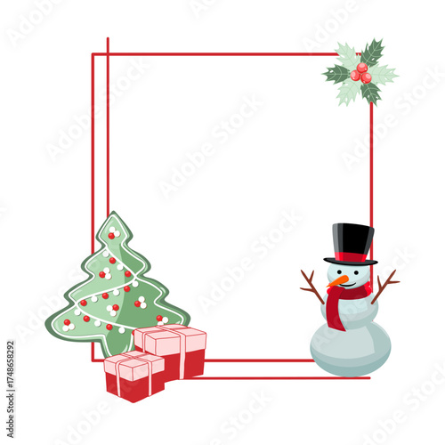 Holiday frame with Christmas tree, snowman, gifts, and decorations vector illustration 