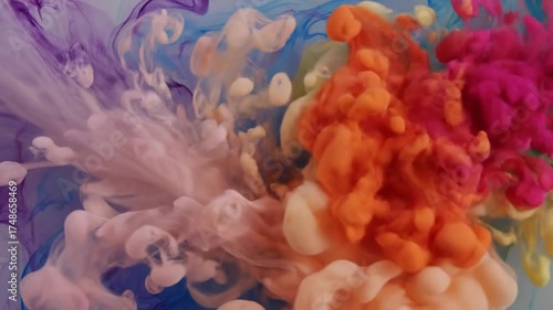 Abstract fluid dynamics colorful smoke or ink in motion against white
