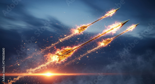 Three flaming arrows flying through dramatic evening sky symbolizing power, battle, and divine strength from Indian epic Ramayana and Dussehra mythology