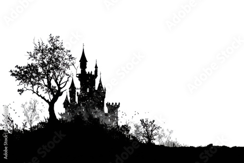 Silhouette of a fairytale castle on a hill dark and mysterious vector illustration isolated on white background