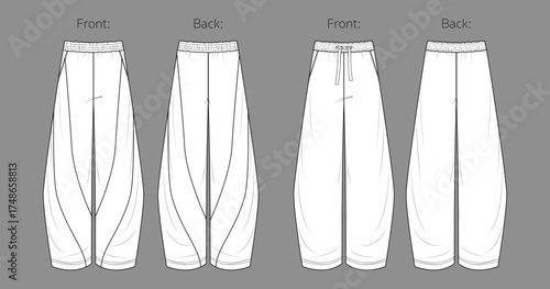Vector girl fleece jogger technical drawing, teenage style pants with waistband and pockets detail fashion CAD, template, sketch, flat. Woman barrel fit sweatpants with front, back view, white color