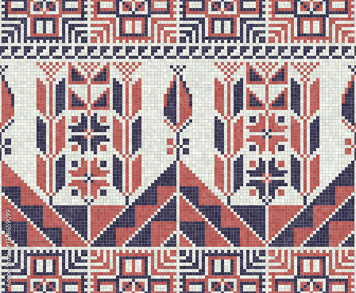 Mosaic tiles seamless pattern composition with traditional Palestinian motif. Editable vector background for print, background, web, wrapping.