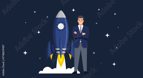 Successful Entrepreneur Standing Proudly Next to a Rocket in Space, About Starting a Business