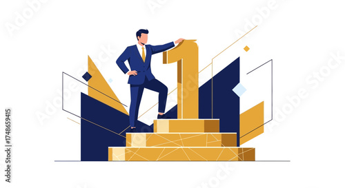 Successful Entrepreneur Standing Proudly on Top of the Podium Beside Giant Number One