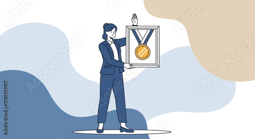 Successful Businesswoman Celebrating Achievement by Holding a Gold Medal in Frame with Pride
