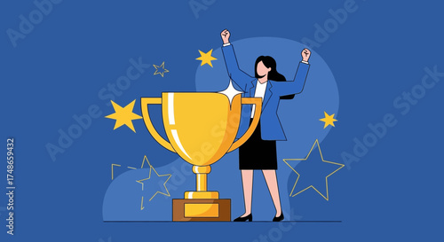 Successful businesswoman celebrating achievement next to a golden trophy on a blue background