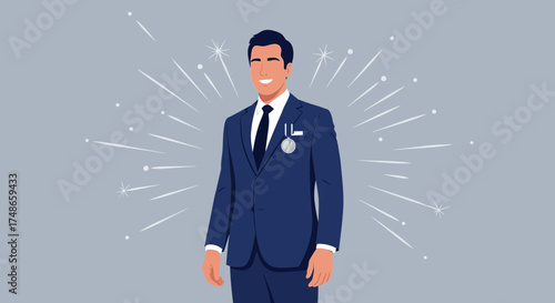 Successful Executive Celebrating Achievement, Wearing Suit With Award Medal, Smiling Happily