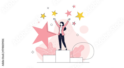 Successful Businesswoman Celebrating Achievement on Podium with Pink Stars Around