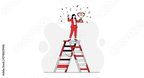 Successful Businesswoman Celebrating Achievement While Holding a Trophy Above Ladder