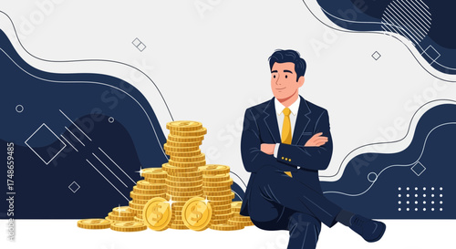 Successful Executive Enjoying Financial Growth and Prosperity with a Stack of Gold Coins at His Side