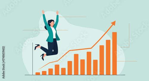 Successful Businesswoman Celebrating Growth With Chart Showing Increasing Profits and Success
