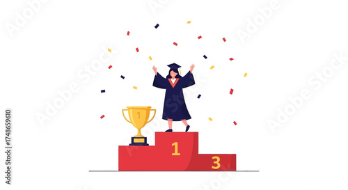 Successful Graduate Celebrates Victory on Podium With Trophy and Confetti Shower