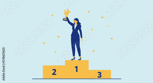 Successful businesswoman celebrating her triumph on a podium with a trophy