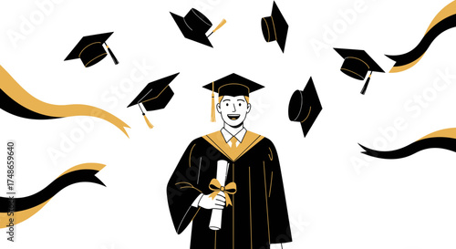 Successful Graduate In Gown Celebrating With Tossing Graduation Caps And Ribbons