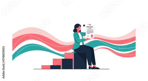 Successful Graduate Celebrating Diploma Achievement Atop A Staircase Background Vector