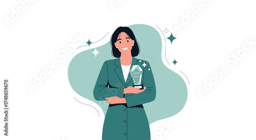 Successful Businesswoman Celebrating the Achievement and Holding a Trophy of Recognition