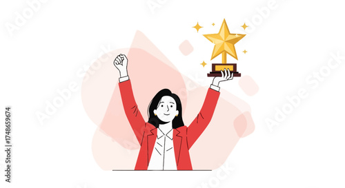 Successful Businesswoman Celebrating Victory While Holding a Golden Star Trophy Icon
