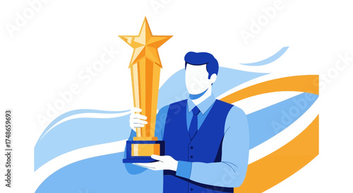 Successful Individual Holding a Golden Trophy Symbolizing Achievement and Recognition