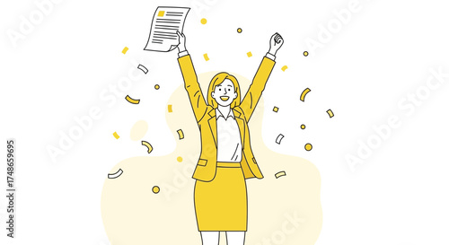 Successful Businesswoman Celebrating Victory with Document and Confetti in Festive Style
