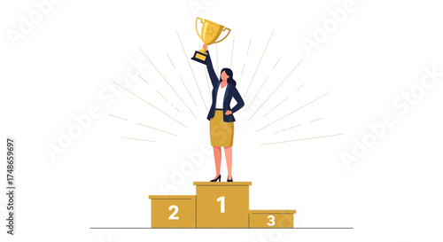 Successful Businesswoman Celebrating Victory with a Trophy on a Podium Winner vector graphic
