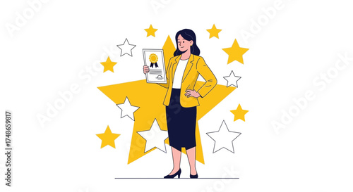 Successful businesswoman holding a certificate with stars around her perfect for achievement