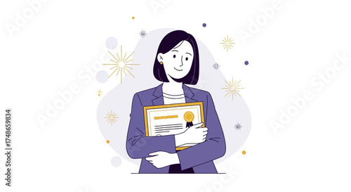 Successful businesswoman holding a certificate or award after achieving a goal illustration