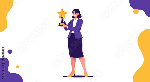 Successful Businesswoman Holding a Star Trophy Celebrating Achievement and Recognition