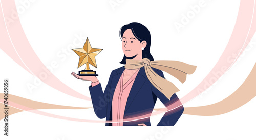 Successful businesswoman holding an award representing achievement and accolades in vector format