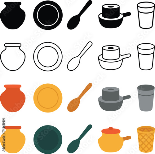Geometric Style Icons Representing Traditional Indian Kitchenware and Utensils for Culinary Cultural Design Projects