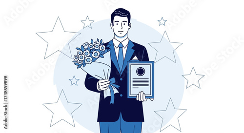 Successful Man Celebrates Achievement, Holding Bouquet And Certificate Of Merit
