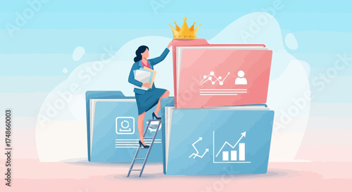 Successful Businesswoman Placing a Crown on a Folder Representing Achievement and Success