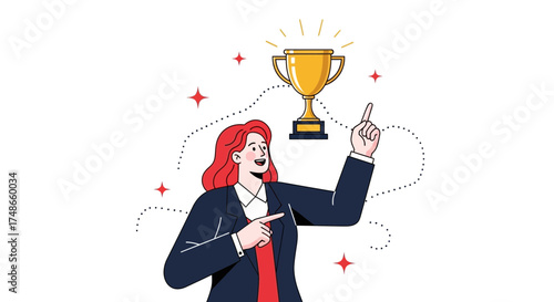 Successful Businesswoman Points to Trophy Embodying Achievement and Celebrating Success