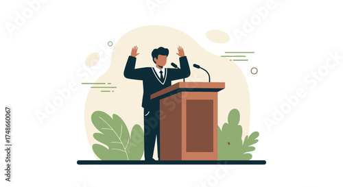 Successful Orator Delivering Speech From Podium, Public Speaking And Presentation Concept