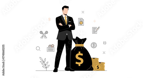 Successful Person Standing Beside a Bag Of Money and Gold Coins, Investing Concept