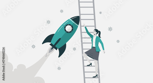 Successful Businesswoman Reaching For the Stars With Rocket And Achieving Goals