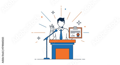 Successful presenter holding a certificate showing an achievement in business events