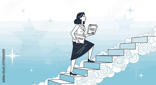 Successful Career Progression Depicted, Businesswoman Climbing Towards Success in Illustration