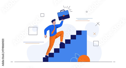 Successful Career Ascent and Achievement Illustrated With Businessman Climbing Stairs